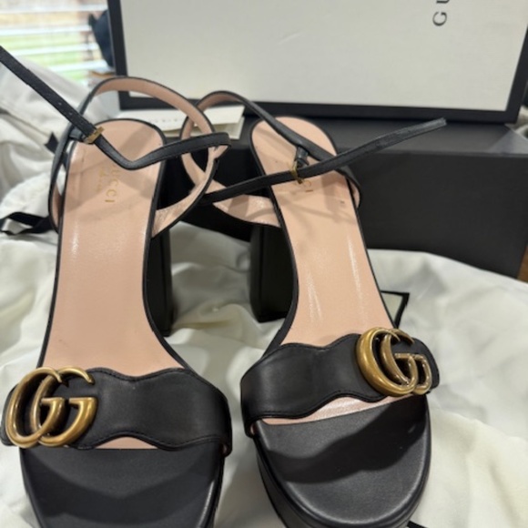Gucci Marmont Black Platform Sandals Heels Leather GG Size EU 39 High Block Heel - Picture 6 of 6